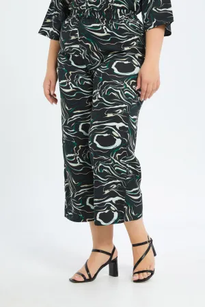 Women Black Printed Wide Leg Elasticated Waist Trouser