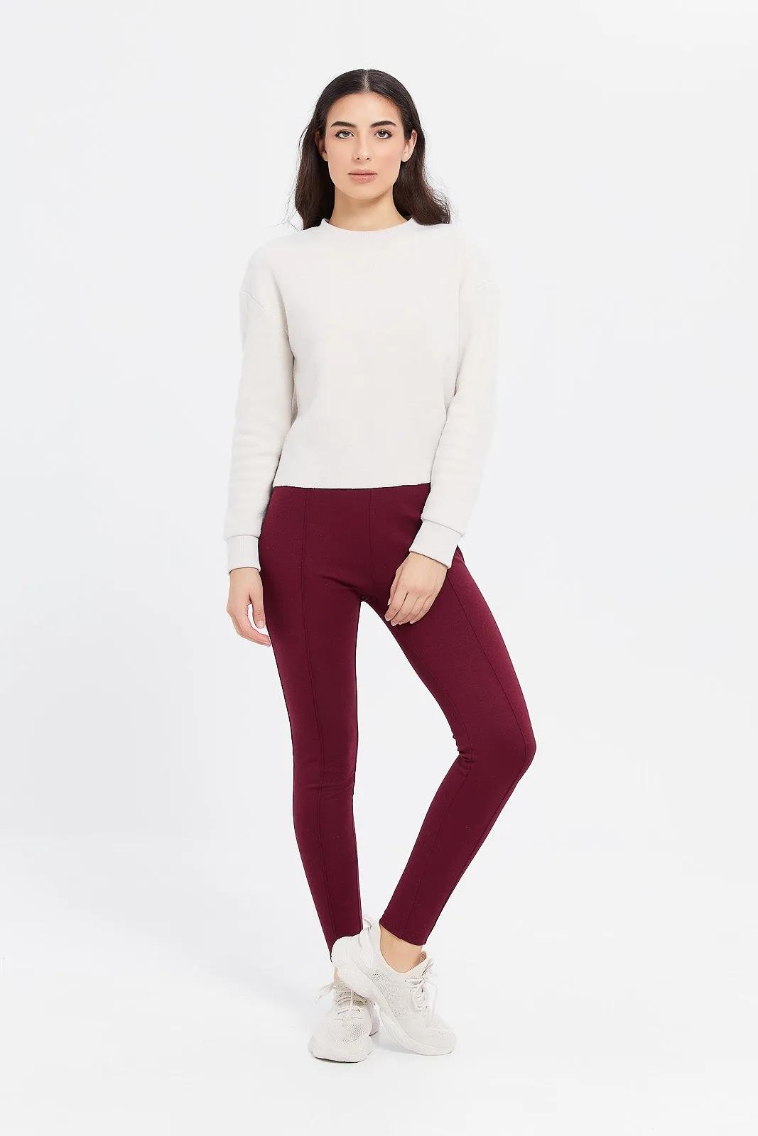 Women Burgundy Ponte Legging With Front Pleat