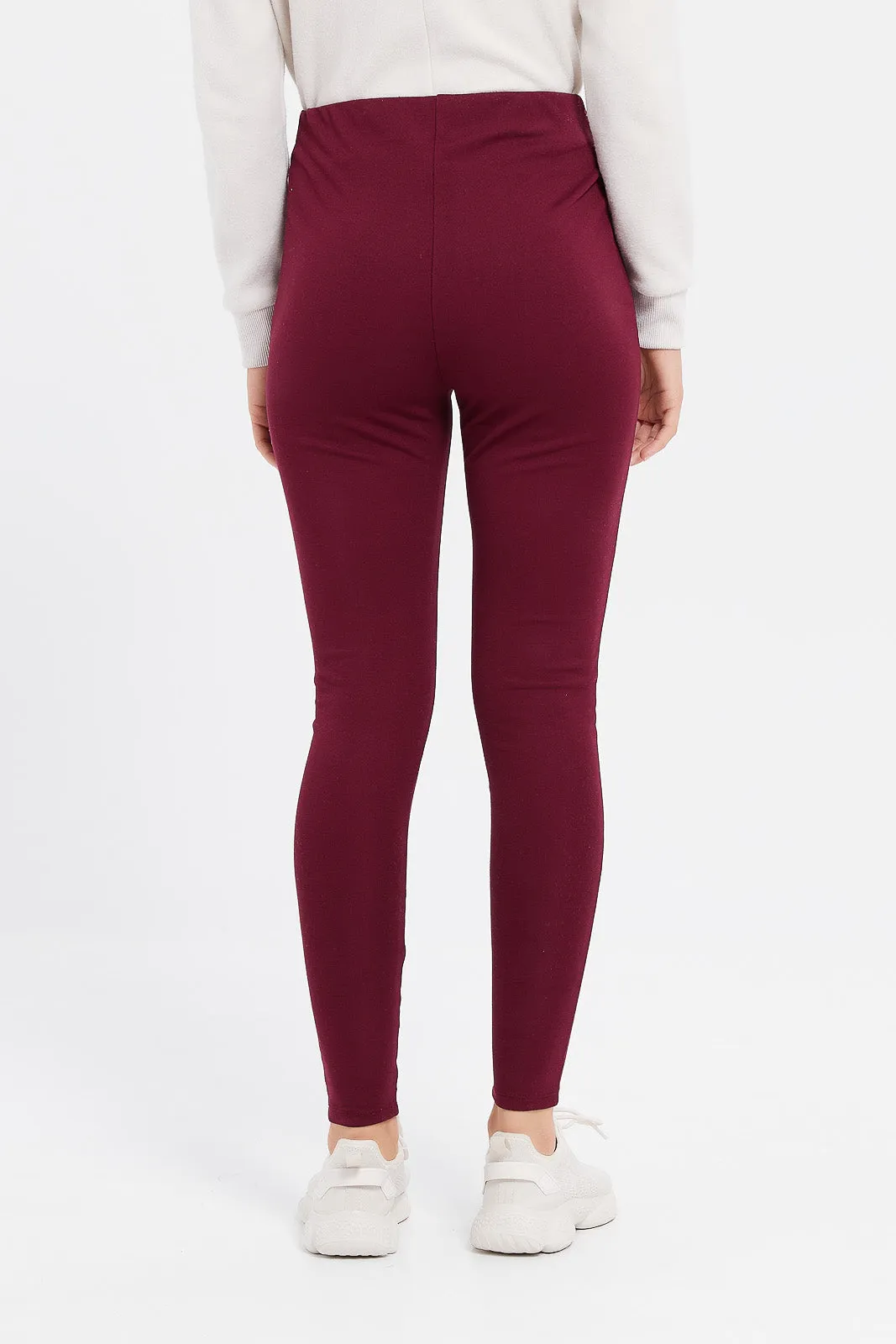 Women Burgundy Ponte Legging With Front Pleat