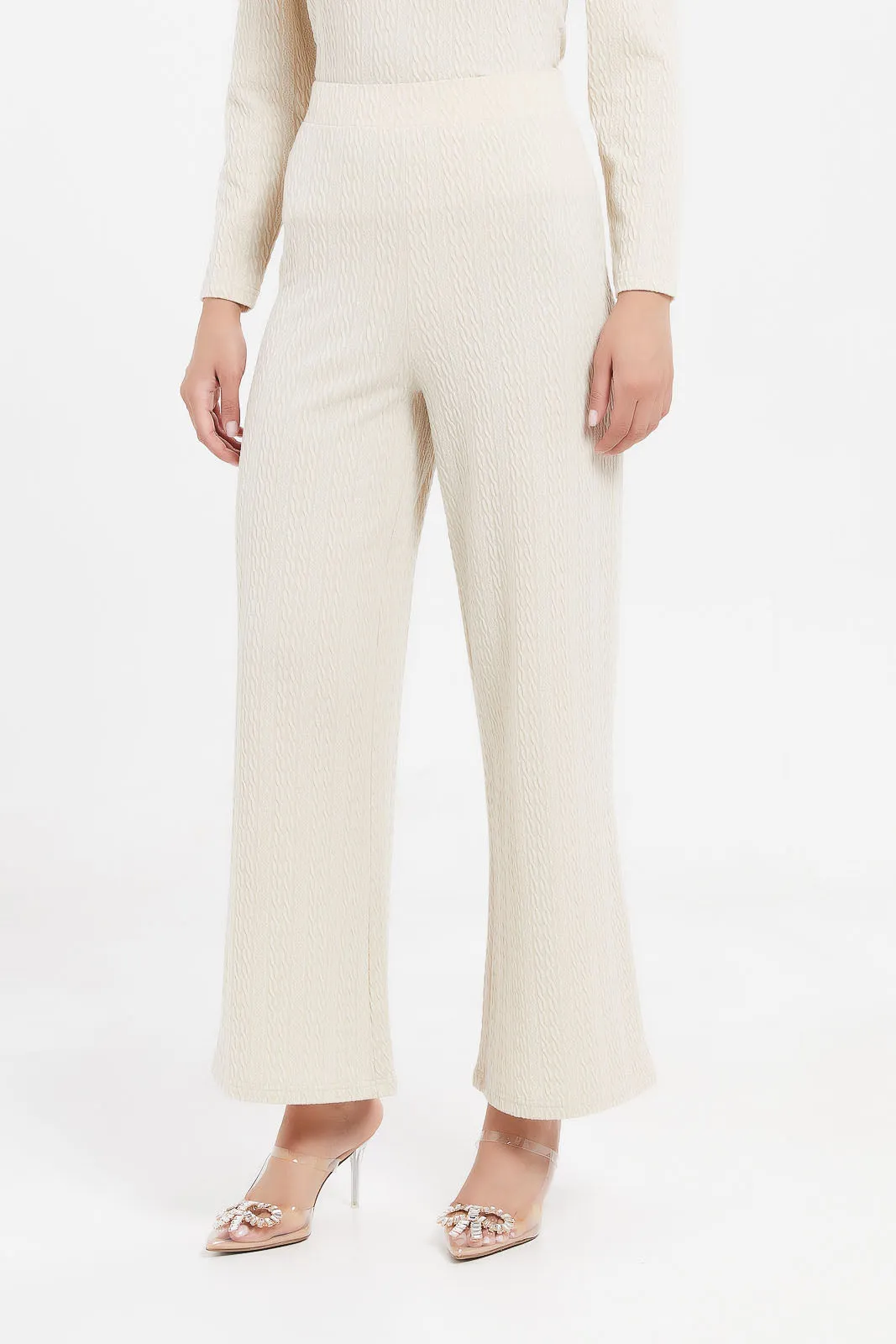 Women Ecru Wide Leg Trousers