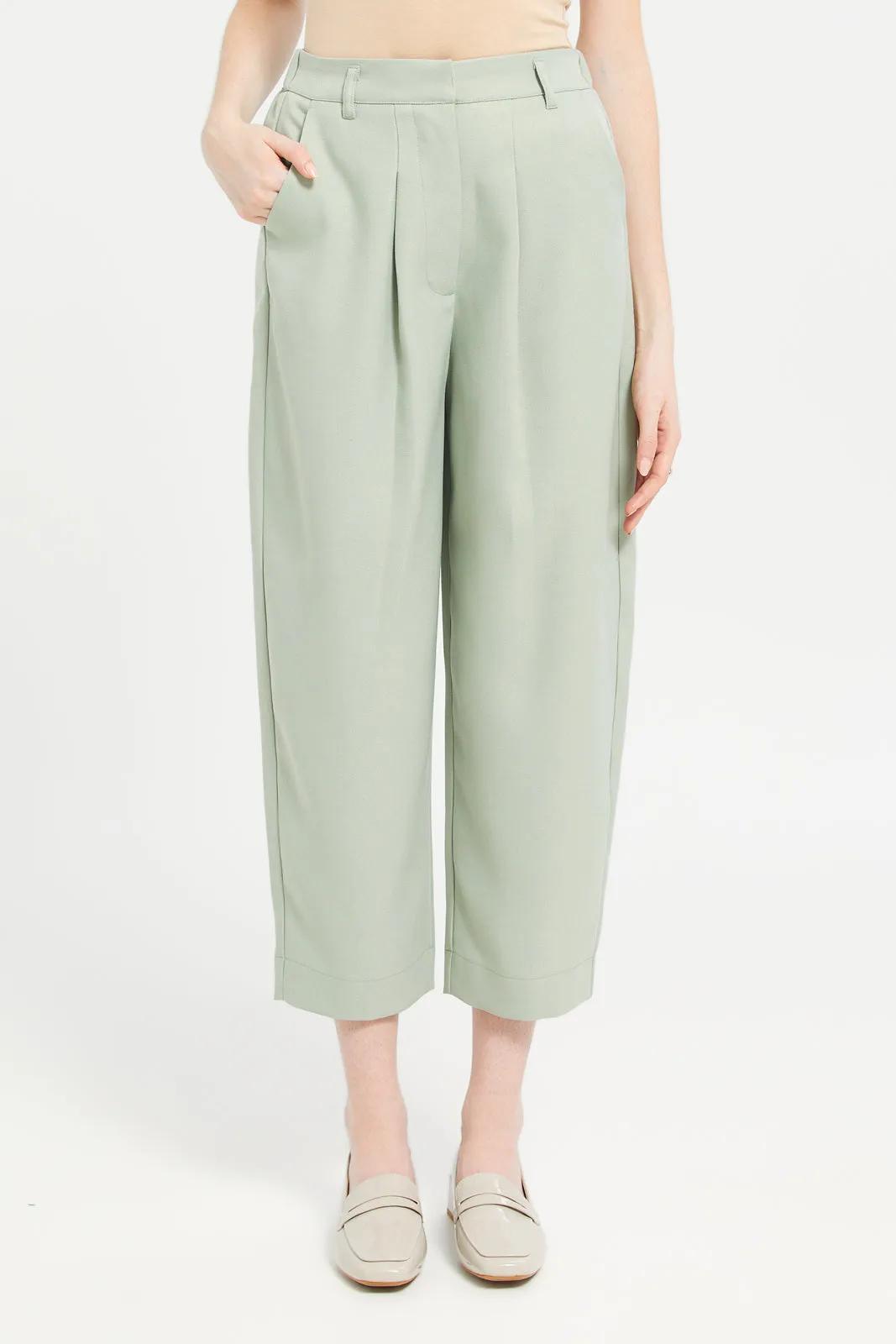 Women Mint Plain Barrel Leg Trouser