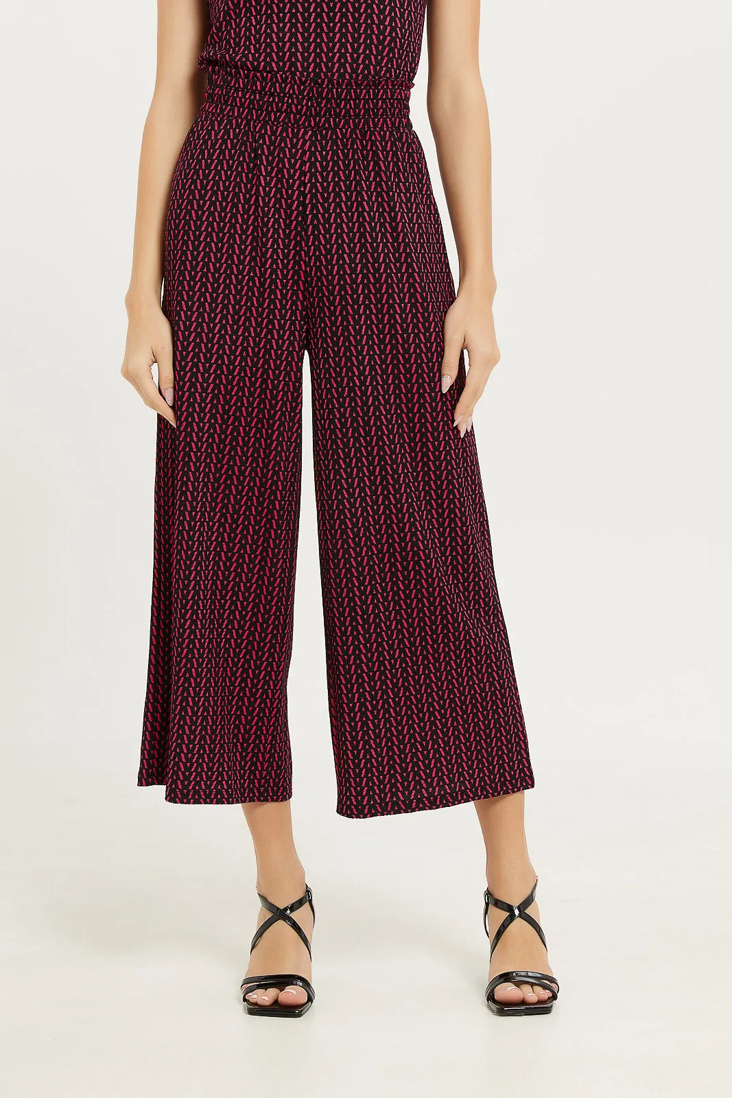 Women Red And Balck Printed Textured Wide Leg Pant