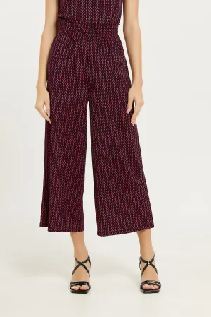 Women Red And Balck Printed Textured Wide Leg Pant