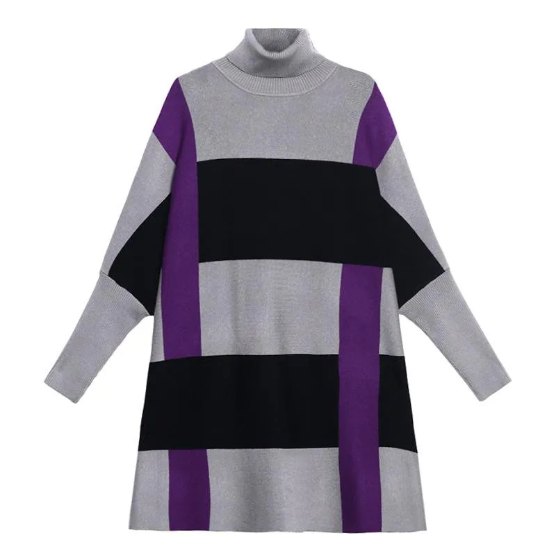 Women Turtleneck Plaid Plus Sizes Knitting Sweaters