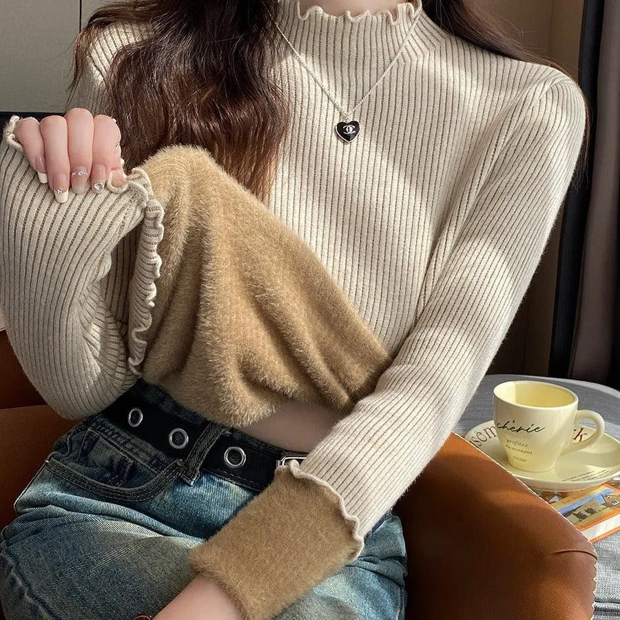 Women's Autumn And Winter Fleece-lined Mock Neck Sweater Knitwear Top