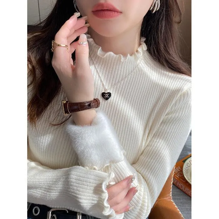 Women's Autumn And Winter Fleece-lined Mock Neck Sweater Knitwear Top