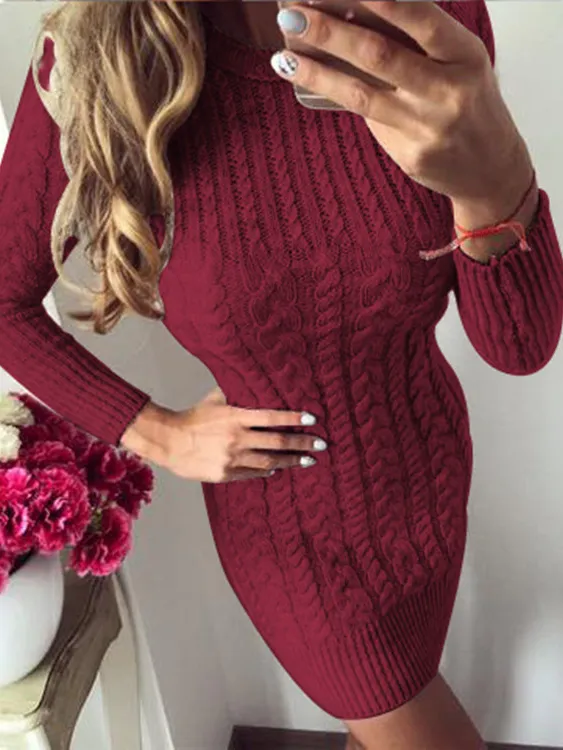 Women's Classic Knit Long Sleeve Sweater Tunic Dress