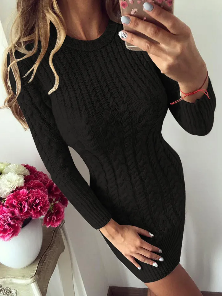 Women's Classic Knit Long Sleeve Sweater Tunic Dress