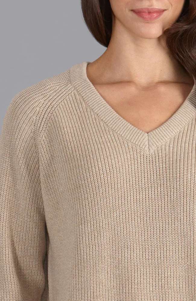 Womens Cotton Ribbed V Neck Jumper