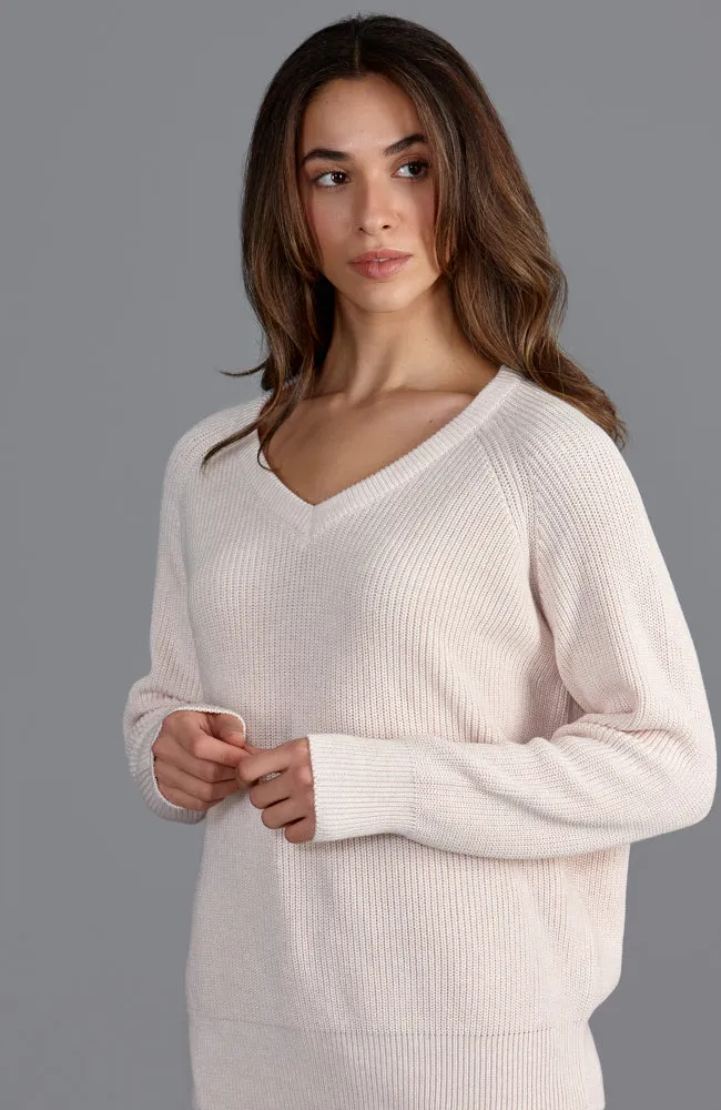 Womens Cotton Ribbed V Neck Jumper