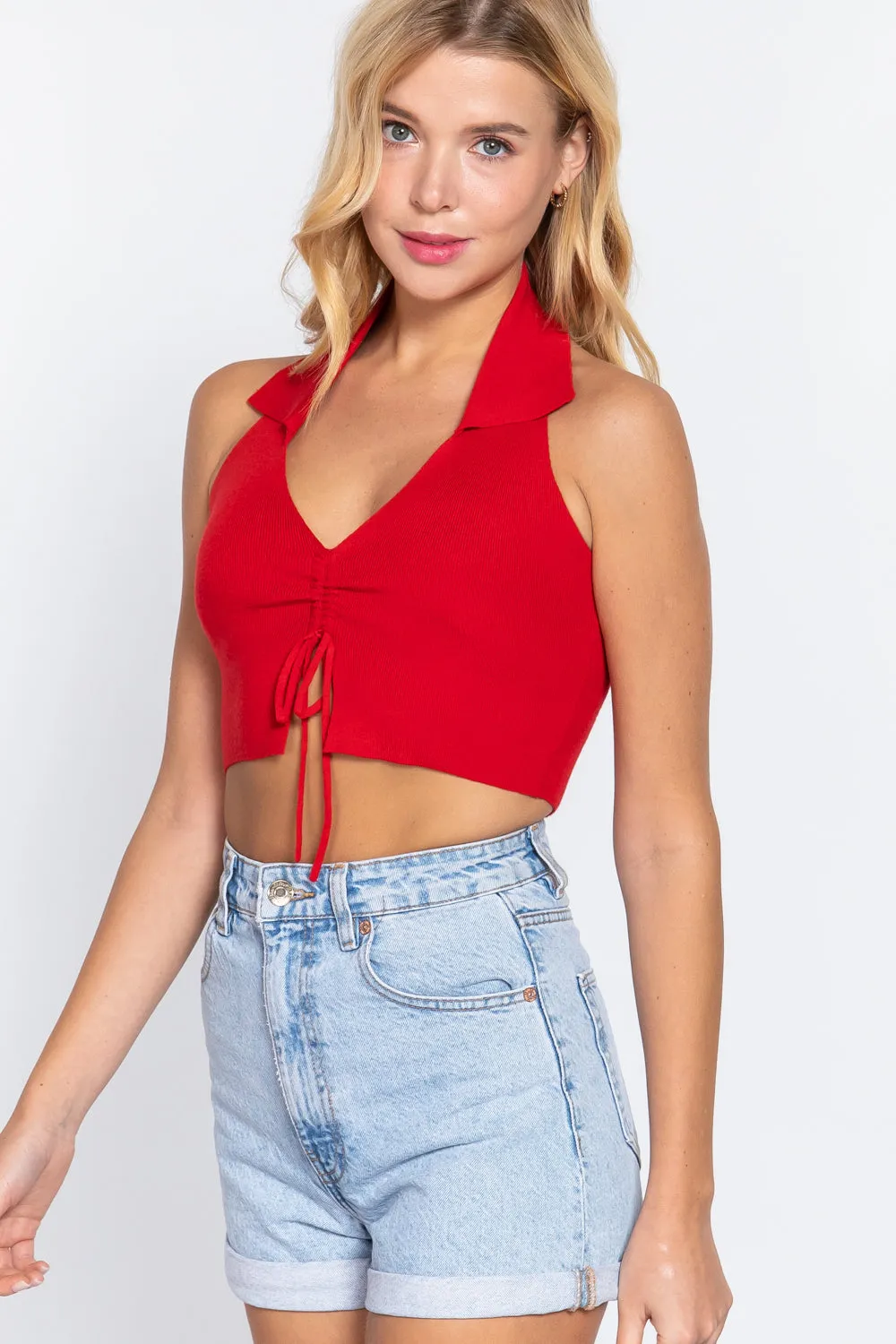 Women's Halter Ruched Crop Sweater Knit Top