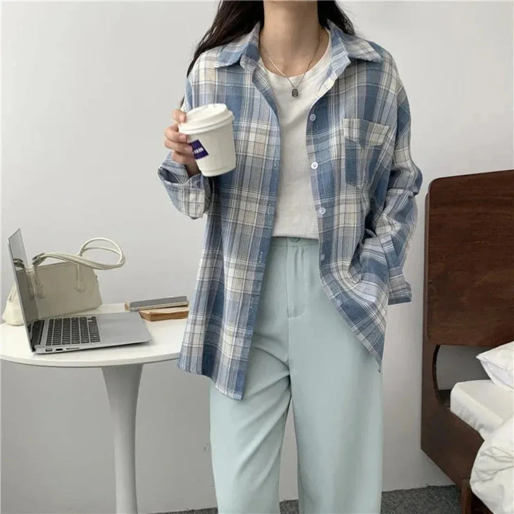 Womens Mid Length Plaid Long Sleeve Shirt