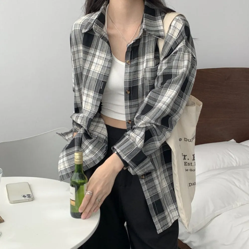 Womens Mid Length Plaid Long Sleeve Shirt