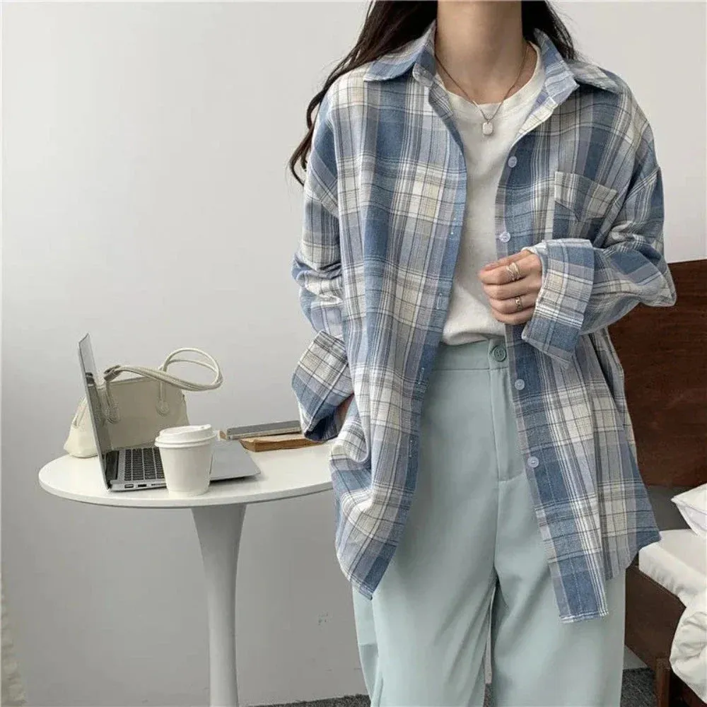 Womens Mid Length Plaid Long Sleeve Shirt