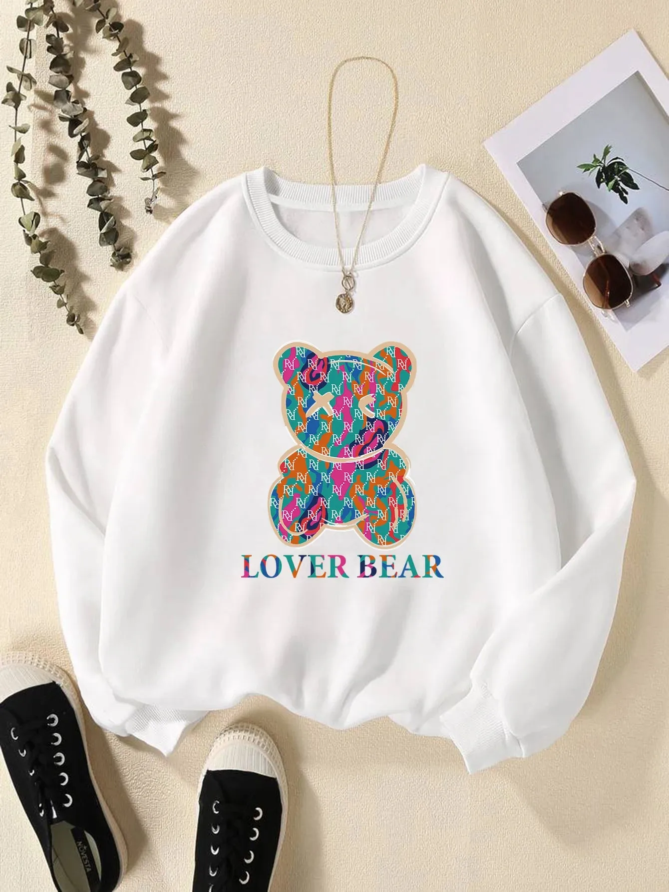 Women's Print Thermal Lined Crew Neck Loose Pullover Long Sleeve Plus Velvet Sweatshirt